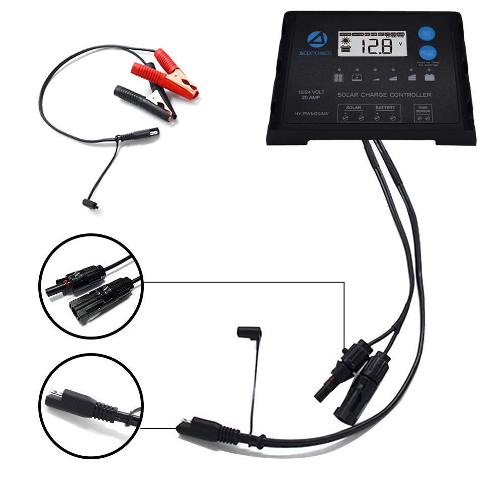 ProteusX 20A PWM Charge Controller w/ Alligator Clips & Solar Connector