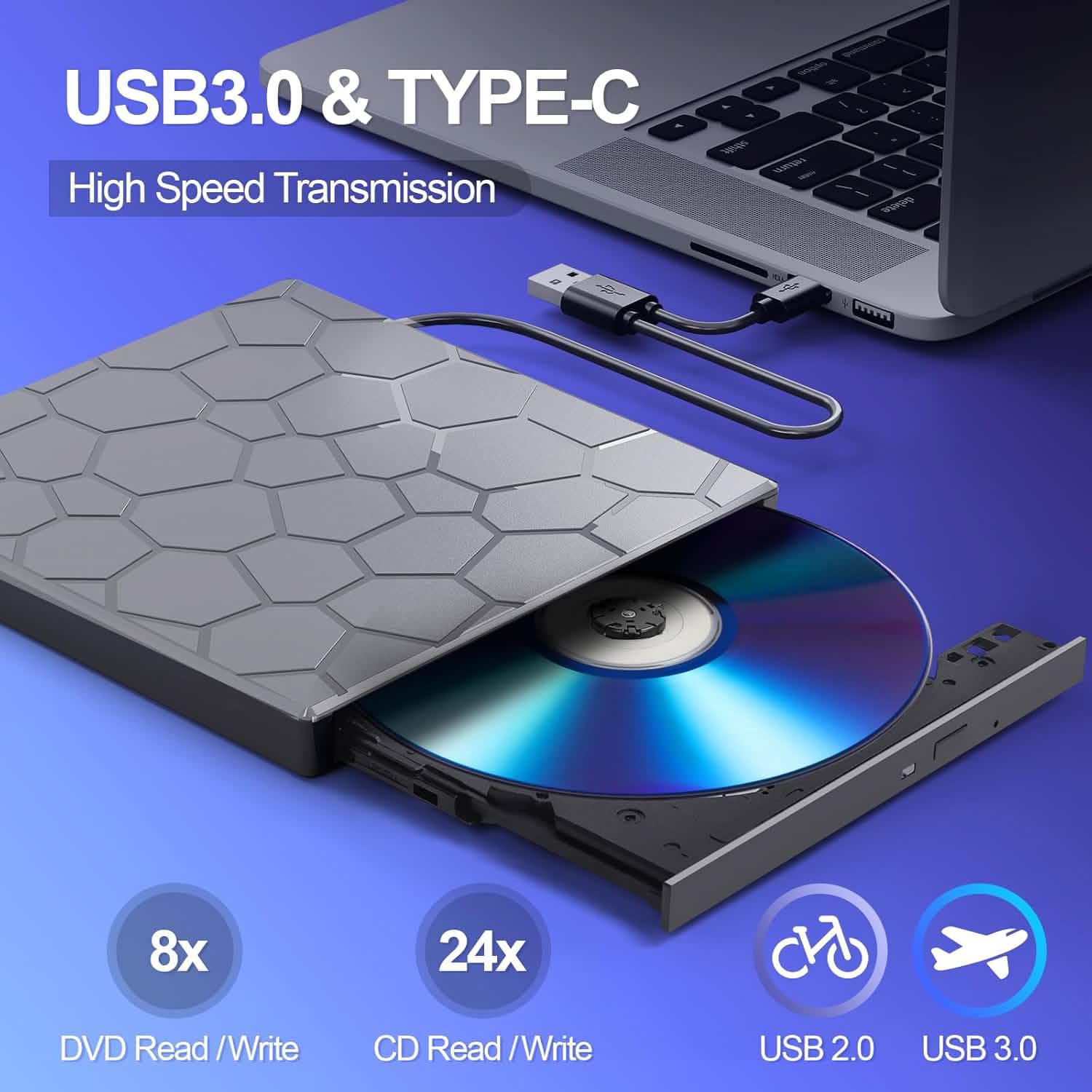High - Speed USB 3.0 External CD/DVD Drive with Burner – Plug & Play, Windows & Mac Compatible - Big Mike Buys