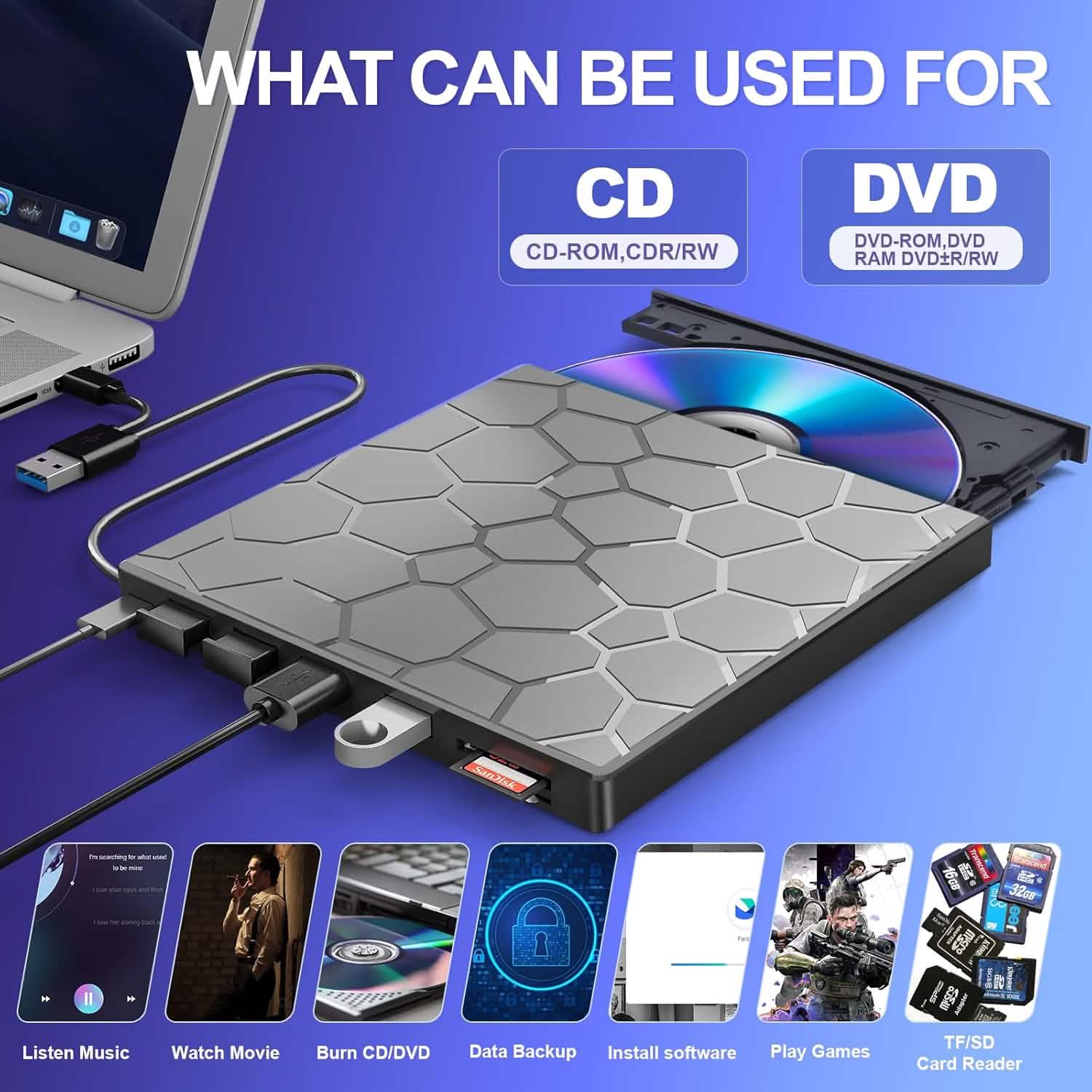 High - Speed USB 3.0 External CD/DVD Drive with Burner – Plug & Play, Windows & Mac Compatible - Big Mike Buys