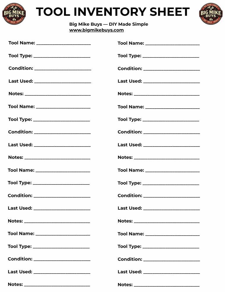 Tool Inventory Sheet — Printable (1 Page)