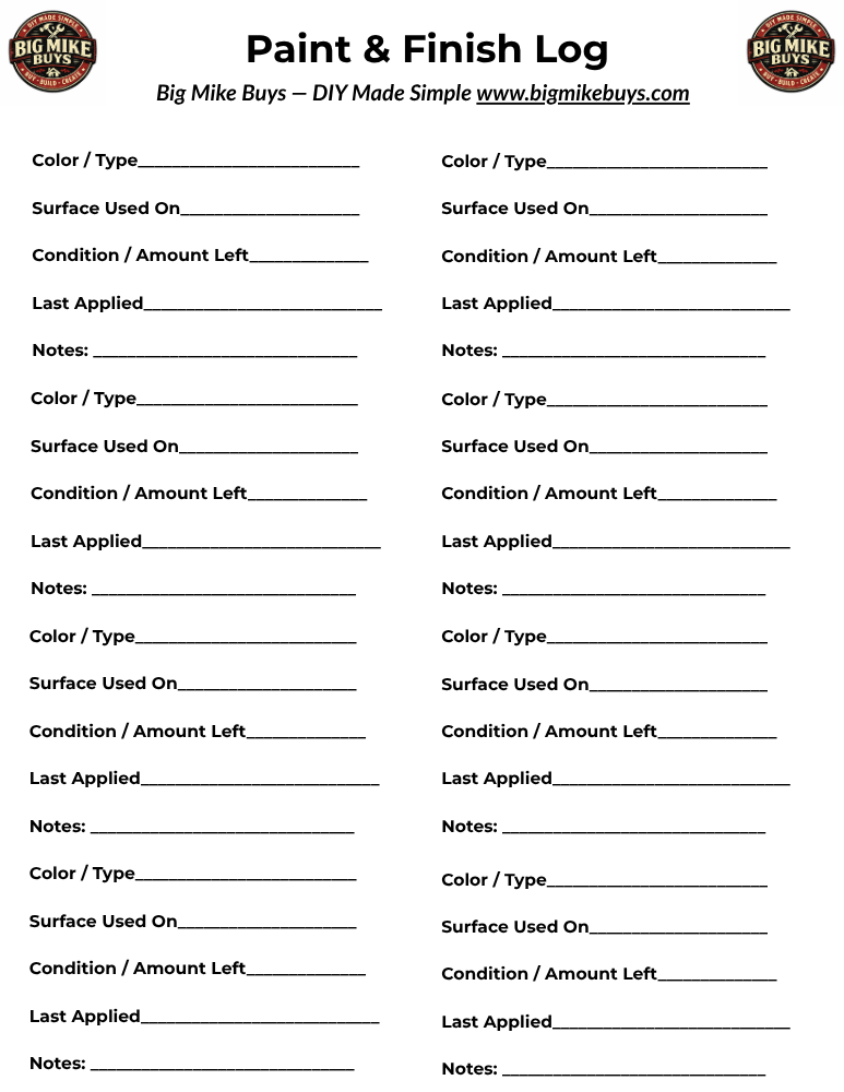 Paint & Finish Log [1 sheet]