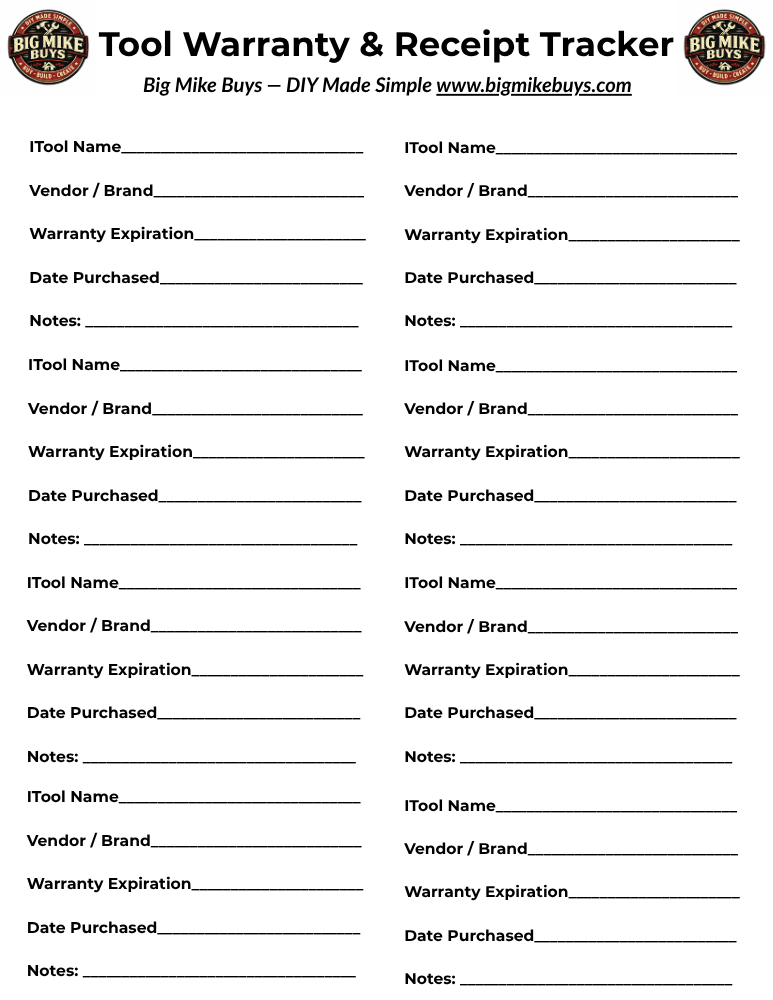 Tool Warranty & Receipt Tracker [1 sheet]