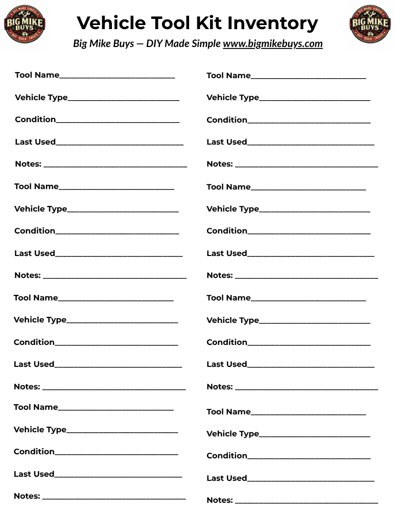 Vehicle Tool Kit Inventory [1 sheet]